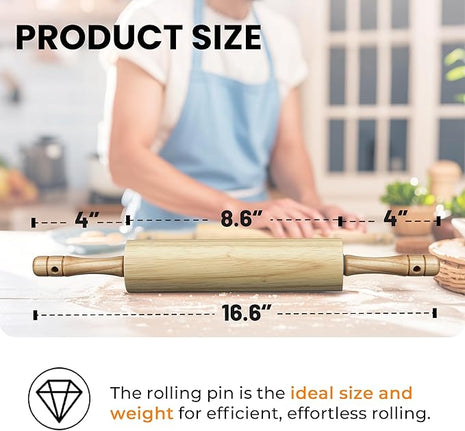 KARRYOUNG Rubber Wood Rolling Pin for Baking, Kitchen Dough Roller With Handles, Rodillo Para Masa, Rolling Pin for Dough, Pizza,Bread, Fondant & Tortilla
