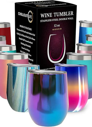 CHILLOUT LIFE 12 oz Stainless Steel Wine Tumbler with Lid - Double Wall Vacuum Insulated Wine Cup Glass Keeping Cold & Hot for Coffee, Champagne, Cocktails, Ice Cream - Dishwasher Safe Color
