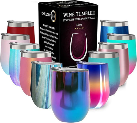CHILLOUT LIFE 12 oz Stainless Steel Wine Tumbler with Lid - Double Wall Vacuum Insulated Wine Cup Glass Keeping Cold & Hot for Coffee, Champagne, Cocktails, Ice Cream - Dishwasher Safe Color