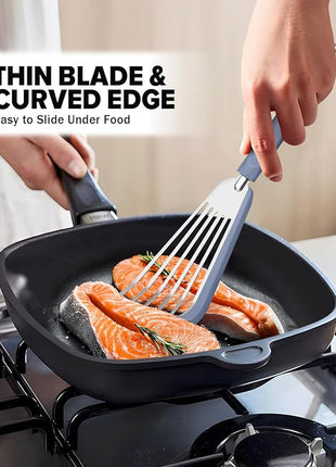 Silicone Fish Spatula Turner Set of 2, Thin Slotted Spatulas Turner for Nonstick Cookware,Heat Resistant Flexible Stainless Steel Kitchen Cooking Spatula Flipper for Fish, Egg, Pancake (BG)