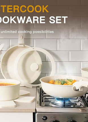 Astercook Ceramic Non-stick Cookware 21 Pcs Pots and Pans Set, Detachable Handle, RV Kitchen Non Stick Cooking Set Removable Handles, Oven Safe, Induction Ready, Stackable, Cream White