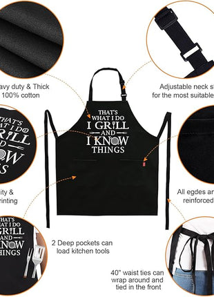 Funny Grilling Aprons for Men - BBQ Cooking Apron with 2 Pockets, Adjustable Neck Strap and 40" Long Ties - That's What I Do I Grill and I Know Things