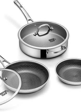 Frying Pans Nonstick Set with Lid,Hybrid Non Stick 5 Quart Saute pan,10 inch Skillet,8 inch Skillet PFOA Free Cookware,Stainless Steel skillet,Deep Saute Pan,Dishwasher Safe,Works on All Cooktops