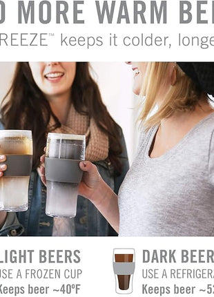 Host Freeze Beer Glasses, 16 ounce Freezer Gel Chiller Double Wall Plastic Frozen Pint Glass, Set of 4, Black and Grey