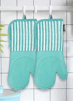 Silicone Oven Mitts Heat Resistant 932℉ with Waterproof & Non-Slip Kitchen Mittens, Set of 2 Extra Long Oven Gloves with Soft Cotton Terry Lining for Baking Cooking Barbecue