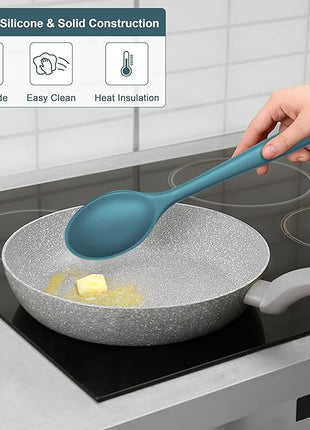 E-far Silicone Cooking Spoon Set of 2, Heat Resistant Kitchen Spoons Utensils Nonstick Mixing Spoon for Baking Stirring Serving, Non-Toxic & Dishwasher Safe (Blue)