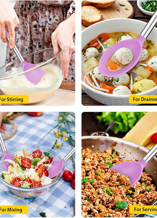 Pack of 2 Large Silicone Cooking Spoons,Non Stick Solid Basting Spoon,Heat-Resistant Kitchen Utensils for Mixing,Serving,Draining,Stirring (PURPLE)