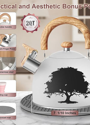 ARC Stainless Steel 2-Quart Whistling Milk White Tea Kettle with Magic Color Changing Design, Stovetop Teapot With Folding Cup & Trivet Mat