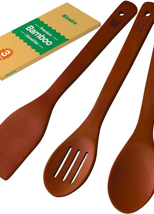 Riveira Premium Brown Bamboo Wooden Spoons for Cooking Set of 3 – Premium Brown Bamboo Wooden Cooking Utensils, Wooden Spatula, Wooden Spoon - Premium Quality Wooden Utensil Set for Non-Toxic Cooking