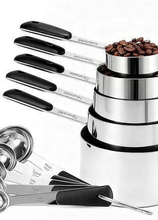 Measuring Cups and Spoons Set Stainless Steel 10 Piece for Cooking and Baking (5 Cups + 5 Spoons, Black Handle)