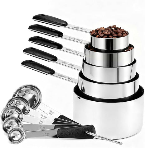 Measuring Cups and Spoons Set Stainless Steel 10 Piece for Cooking and Baking (5 Cups + 5 Spoons, Black Handle)