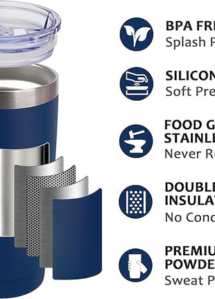 SUNWILL Travel Coffee Mug with Lid, 20 oz Tumbler Set of 2, Insulated Stainless Steel Cup for Water, Tea, Powder Coated Wine & Navy