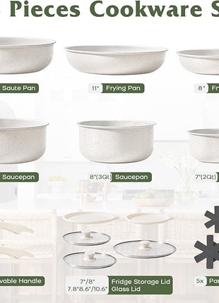 18 Pcs Pots and Pans Set Non Stick, Cookware Sets with Detachable Handle, Nonstick RV Kitchen Cooking Tools Removable Handles, Oven Safe, Induction Fast, Stackable Induction Cookware, White