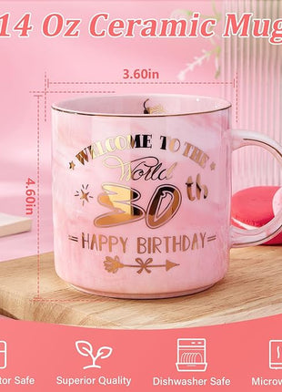30th Birthday Gifts for Women, Unique Happy 30 Year Old Birthday Gifts Ideas for Women, Wife, Mom, Daughter, Sister, Aunt, Best Friends, BFF, 14Oz Fabulous Pink Marble Mug with Gold Pattern, Gift Box
