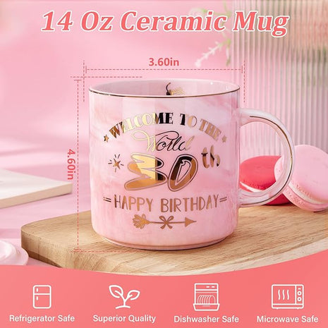 30th Birthday Gifts for Women, Unique Happy 30 Year Old Birthday Gifts Ideas for Women, Wife, Mom, Daughter, Sister, Aunt, Best Friends, BFF, 14Oz Fabulous Pink Marble Mug with Gold Pattern, Gift Box