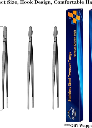 JETKONG 7 Inch Tweezers Tongs Mini Kitchen Food Tweezers Small Cooking Thin Tongs, Set of 3 (7 7 7 Inch, Black)