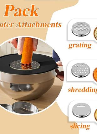 Mixing Bowls with Lids Set, 6 PCS Stainless Steel Mixing Bowls with 3 Grater Attachments, Kitchen Food Storage Organizers Nesting Mixing Bowl, Large Size 4.5, 3.5, 2.1, 1.5, 1.1, 0.7QT-Black