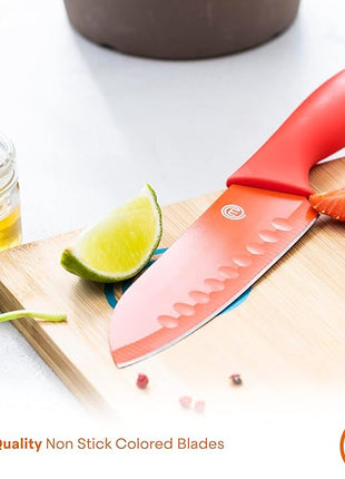 MasterChef Kitchen Knife Set with Covers incl. Paring, Boning, Carving, Bread, Santoku & Chef Knife, Sharp Cutting Stainless Steel Blades with Sheaths, 12 Piece (6 Colored Kitchen Knives & 6 Covers)