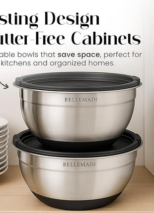 Bellemain Mixing Bowls with Lids Set - Stainless Steel Mixing Bowls with Airtight Lids - Food Storage Containers - 3PCS Set with Non-Slip Bottoms Kitchen Essentials for Baking - Serving