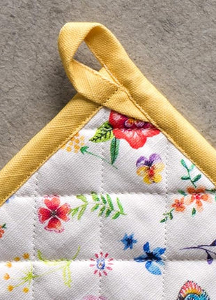 Maison d' Hermine 100% Cotton Oven Mitt & Pot Holder Set (7.5"x13" & 8"x8") Heat Resistant BBQ Cooking Gloves with Loop, Grilling, Kitchen, Handling Hot Pans Spring/Summer (Happy Florals - Sweety)