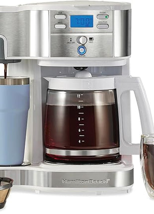 Hamilton Beach 2-Way Programmable Coffee Maker, 12 Cup Glass Carafe And Single Serve Coffee Maker, White with Stainless Steel Accents, 49933