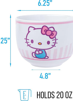 Silver Buffalo Sanrio Hello Kitty Pink Stripes Ceramic Ramen Bowl with Chopsticks, 20 Ounces