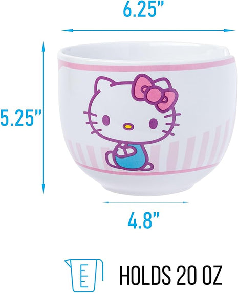 Silver Buffalo Sanrio Hello Kitty Pink Stripes Ceramic Ramen Bowl with Chopsticks, 20 Ounces