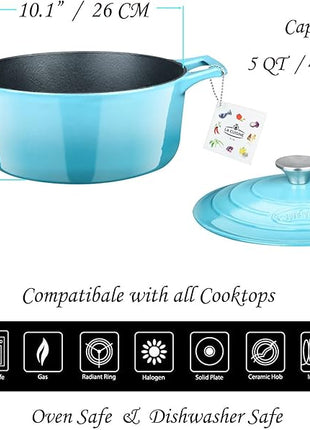 La Cuisine 2175MB Enameled Cast Iron Dutch Oven, Casserole, Pot, 5-Quart (QT) - Matte Black Enamel Interior, Teal Porcelain Enamel Coating Finish Exterior