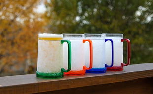 Lily's Home 16oz set of 4 Double Wall Gel-Filled Acrylic Freezer Stein Mugs, Great as Old Fashion Drinking Glasses at BBQs and Parties, Clear with Assorted Color Accents