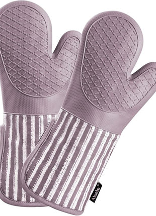 Silicone Oven Mitts Heat Resistant 932℉ with Waterproof & Non-Slip Kitchen Mittens, Set of 2 Extra Long Oven Gloves with Soft Cotton Terry Lining for Baking Cooking Barbecue(2, Purple Mitts)