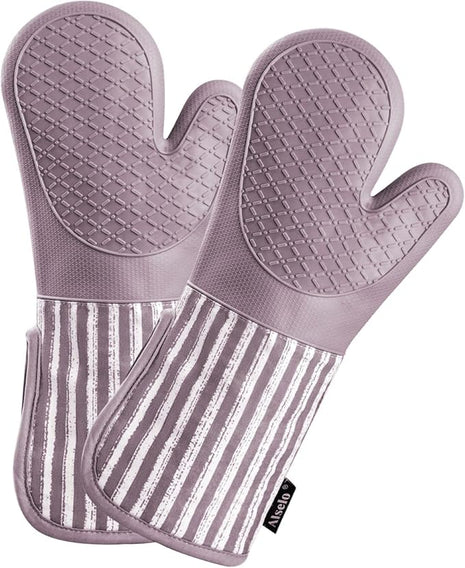 Silicone Oven Mitts Heat Resistant 932℉ with Waterproof & Non-Slip Kitchen Mittens, Set of 2 Extra Long Oven Gloves with Soft Cotton Terry Lining for Baking Cooking Barbecue(2, Purple Mitts)
