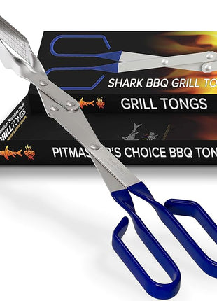 Shark BBQ Grill Tongs - 17 inch (Blue) Steak Tongs. Professional kitchen and outdoor grilling utensil. Long reach Barbeque Grilling Tong. Ideal for steak, fish, burger, and sausage