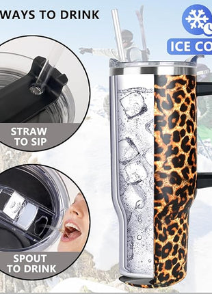 SYACOT 40 oz Tumbler with Handle and Straw Stainless Steel Insulated Tumbler Leak Proof Lid and Straw Lid Reusable Travel Mug Coffee Mug Cup Dishwasher Safe Keep Drinks Cold and Hot (Leopard)