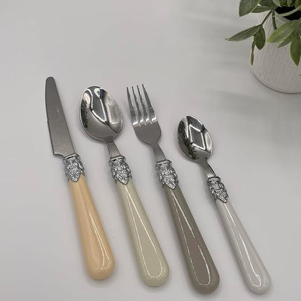 The Original Brink House Baroque Bone Mix & Match Stainless Steel Cutlery Set with Assorted Handles / 16 pieces with Metal Stand/Lifestyle utensils set for home, first apartment, dorm, fine dining