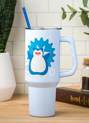 Silver Buffalo Pokémon Stainless Steel Tumbler with Handle Featuring Snorlax, Fits in Standard Cup Holder, 40 Ounces
