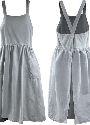 Uaussi Cotton Linen Apron Cross Back Work Apron for Women with Pockets Pinafore Dress X Cross Halter Apron for Chef Gardening