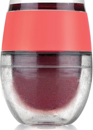 Host Cooling Wine Freeze Cup with Lid, Set of 2 Plastic Double Wall Insulated Wine Tumbler Drink Cups with Freezing Gel for Red and White Wine, Coral