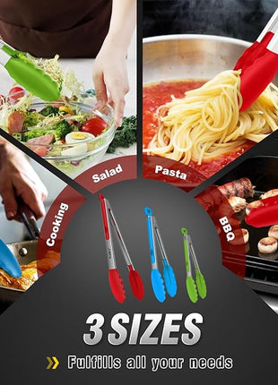 Walfos Silicone Tongs for Cooking - Heat Resistant kitchen tongs for Salad,Cooking, Grilling,Stainless Steel and BPA Free Silicone Tips set of 3 (7" 9" and 12 inch)