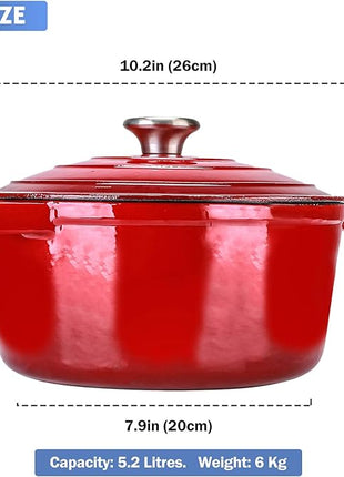 Puricon 5.5 Quart Enameled Cast Iron Dutch Oven with Lid, 5.5 QT Deep Round Dutch Oven Pot with Dual Handles -Red