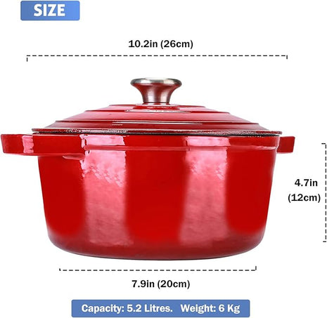 Puricon 5.5 Quart Enameled Cast Iron Dutch Oven with Lid, 5.5 QT Deep Round Dutch Oven Pot with Dual Handles -Red
