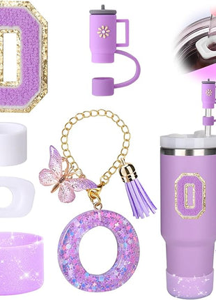 Mity rain 6PCS Cup Accessories Set for Stanley Cup 30oz 40oz tumbler with handle, Including Silicone Straw Topper Cover Cap and Boot, Spill Proof Stopper, Handle Charm, Initials Sticker (Letter O)