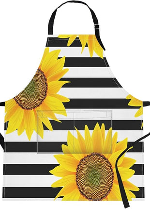 Britimes Apron Home Kitchen Cooking Baking Gardening for Women Men with Pockets Sunflowers Striped Black White Flower 32x28 inch