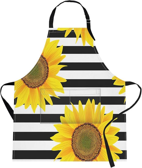 Britimes Apron Home Kitchen Cooking Baking Gardening for Women Men with Pockets Sunflowers Striped Black White Flower 32x28 inch
