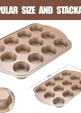 2 Pack Nonstick Muffin Pan Set, 12-Cup Heavy Duty Cupcake Baking Pan with Handles - PFOA-Free Muffin Tin, Rust Proof & Warp Resistant, Oven Safe 430°F (Gold)