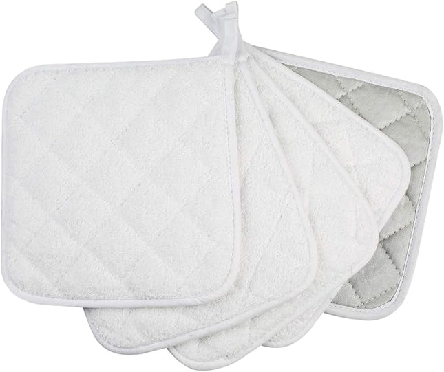 100% Cotton Kitchen Everyday Basic Terry Pot Holder Heat Resistant Coaster Potholder for Cooking and Baking Set of 5 White