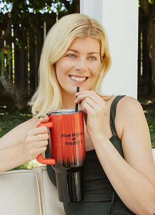 Silver Buffalo Five Nights At Freddy's “Let's Party” Stainless Steel Tumbler with Handle Featuring Freddy Fazbear, Fits in Standard Cup Holder, 40 Ounces