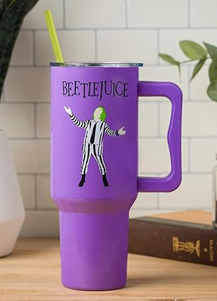 Silver Buffalo Tim Burton Beetlejuice Stainless Steel Tumbler with Handle and Straw, Fits in Standard Cup Holder, 40 Ounces