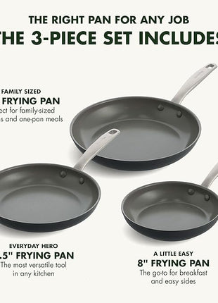 GreenPan Chatham Hard Anodized Healthy Ceramic Nonstick, 8" 9.5" and 11" 3 Piece Frying Pan Skillet Set, PFAS-Free, Dishwasher Safe, Oven and Broiler Safe, Gray