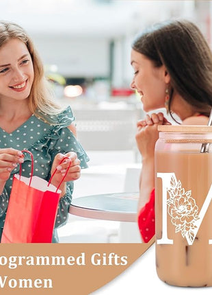 Coolife Initial Glass Cup, Monogrammed Gifts for Women, 16 oz Glass Cups w/Lids Straws, Iced Coffee Smoothie Beer Tumbler w/Straw Lid - Personalized Christmas, Birthday Gifts for Her Mom Friend Woman