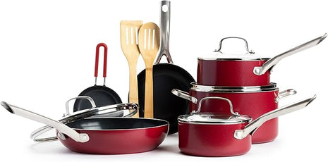 Textured Ceramic Nonstick, 12 Piece Cookware Pots and Pans Set with Stainless Steel Handles, PFAS PFOA & PTFE Free, Dishwasher Safe, Oven & Broiler Safe to 600 Degrees, Red